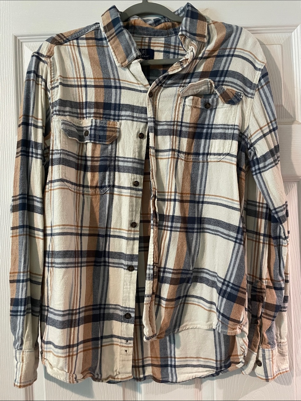 George Cream, Navy & Brown Plaid Button-Down Shirt